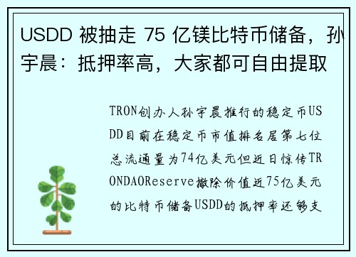 USDD 被抽走 75 亿镁比特币储备，孙宇晨：抵押率高，大家都可自由提取