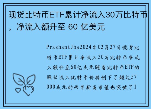 现货比特币ETF累计净流入30万比特币，净流入额升至 60 亿美元 