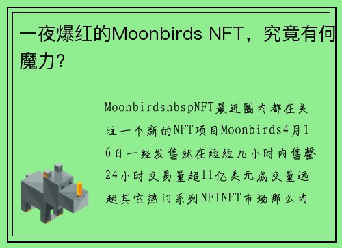 一夜爆红的Moonbirds NFT，究竟有何魔力？